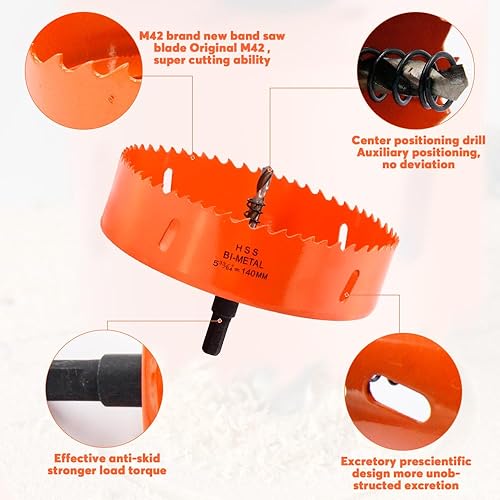 Sega a tazza bimetallica, 140 mm, universale HSS M42, punta a tazza rotonda, fresa a tazza per taglio preciso e veloce di legno, plastica, piastre metalliche sottili, compensato e acrilico - Honorern