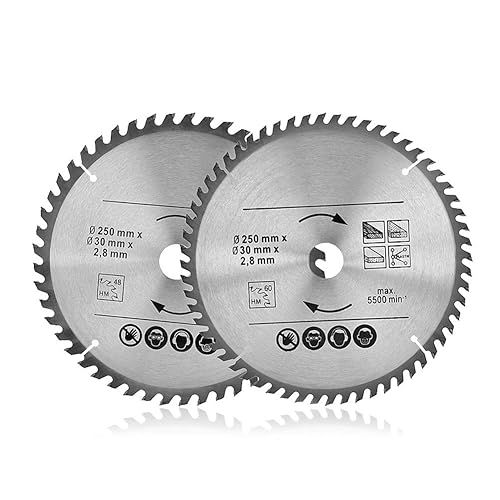 2 Pezzi Dischi Taglio, 250 x 30 mm Lama da legno per circolare, 48T 60T, per Tagliare Legno Naturale Legno Duro Legno Tenero Legno Abrasivo, Lama per Circolare in Metallo Duro - Honorern