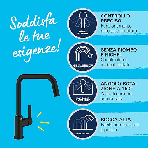 GROHE QuickFix Start, Miscelatore per lavello da cucina a 1 leva (bocca alta a U, area girevole 150°, cartuccia in ceramica da 28 mm, attacchi 3/8', installazione QuickMount), 310 mm, nero opaco - Honorern