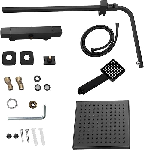 STANEW Colonna Doccia Con Miscelatore Termostatico,Set Doccia a Pioggia con Soffione e Doccetta a Mano，Doccetta flessibile, in acciaio INOX 304，Regolabile in altezza, Nero - Honorern