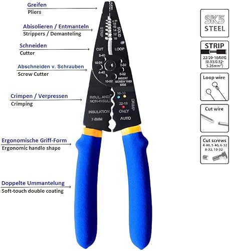 S&R Pinza Spelafili Crimpatrice Professionale 21 cm per Cavi Coassiali/Pinza Elettricista multifunzione: Taglio - Strippaggio - Crimpatura - Honorern