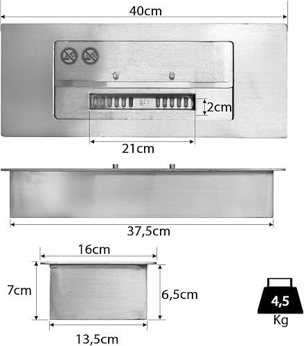 Camera di combustione in acciaio inox, 80 cm, doppia parete, 4,0 litri, inserto per bruciatore a etanolo biologico, bruciatore da incasso, anche per esterni, braciere da giardino - Honorern