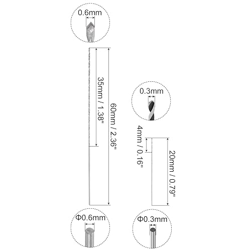 20pz 0,3mm 0,6mm Mini Micro Punte Trapano, Acciaio ad Alta Velocità Punte Trapano Dritto Extra Lunghe 20mm 60mm per Lega Alluminio - Honorern