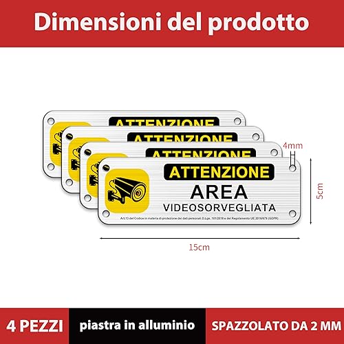 Cartello Videosorvegliata Alluminio Spazzolato 15x5cm, Adesivo Area Videosorvegliata Metallo di Piccole Dimensioni, piastra di allarme con adesivi (01-ASAV (15x5cm) x 4) - Honorern