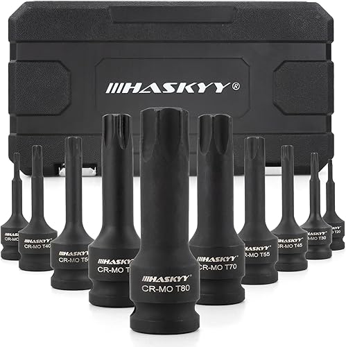 HASKYY Set di chiavi a percussione T20-T80 Torx, 1/2', 10 pezzi, set di bussole Torx, per auto, riparazione del motore, manutenzione dei freni e riparazione del cambio - Honorern