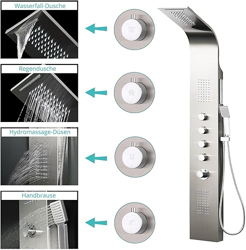 Pannello doccia in acciaio inox con termostato, 2 ugelli massaggianti, doccia a cascata, soffione doccia - Honorern