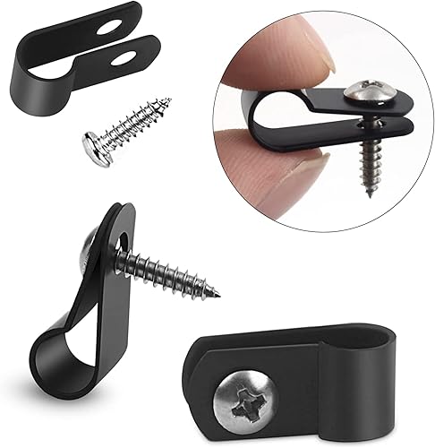 100 Pezzi Clip per Cavi, Fermacavi Cavo, Clip Fermacavo, Goccia Porta Filo Del Supporto di Fissaggio R-tipo Cable Management, Cavi da Muro Fermacavi con Viti Serracavi Fascette Plastica,Nero - Honorern