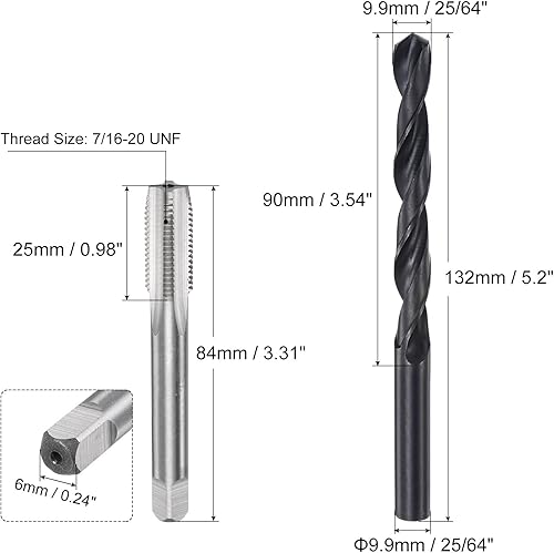 QUARKZMAN Set di Maschio e Punte per Trapano, Maschio per Filettatura 7/16-20 Unf e Punta Trapano Elicoidale 25/64' Ossido Nero Maschio a Flauto Dritto Filettatura Riparazione Utensile Kit. - Honorern