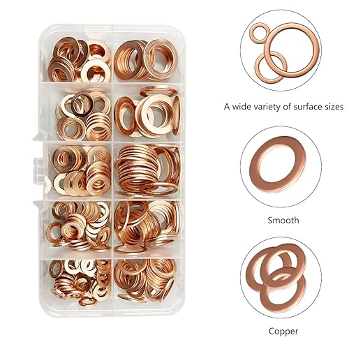 200pcs Rondella Rame Guarnizione Scarico Assortimento Kit, Rame Rondelle Metallo con Scatola, Rondelle per Gonds Porte, Guarnizione Rondella Piatta, per la sigillatura delle viti Anelli di Tenuta - Honorern