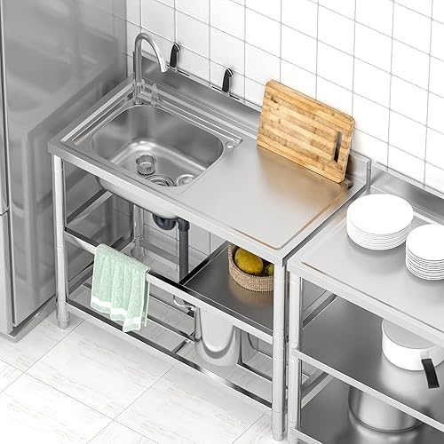 Lavello in Acciaio Inox Professionale 1 Vasca (Sinistra), 100 × 50 × 94 cm Lavandino Commerciale con Rubinetto, Lavello da Cucina Autoportante per Cucina, Ristorante, Caffè, Garage, Interno, Esterno - Honorern