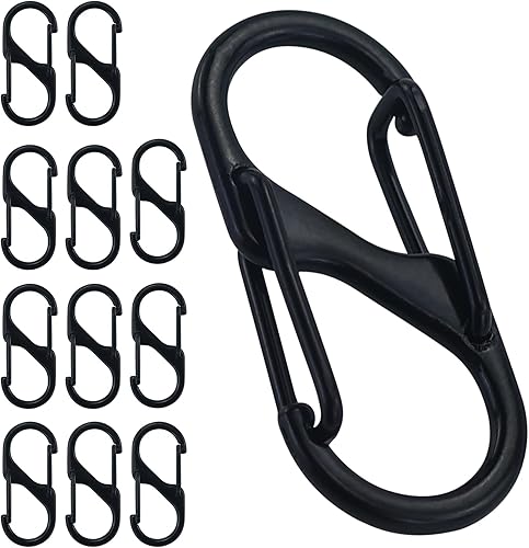 Formiger - 12 moschettoni mini metallo doppio 8 formiger, 2 fori, 30 mm, piccolo per esterni, campeggio, casa, escursionismo, nero - Honorern