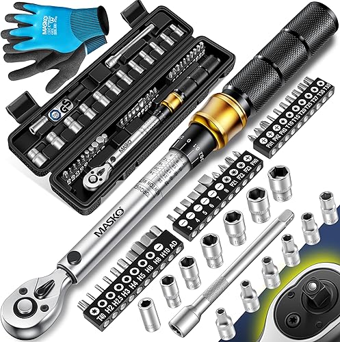 Set di Chiavi Dinamometriche 45 pezzi per Auto, Bici e Moto 1/4 di pollice 5-25Nm incl. Guanti, Presa magnetica per Candela Prese con asta di Prolunga 100mm +/- 4% di tolleranza - Honorern