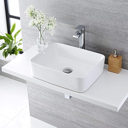 Lavabo Da Appoggio Ceramica Bianco Rettangolare Lavandino Lavello Arredo 50x39x13 Cm - Honorern