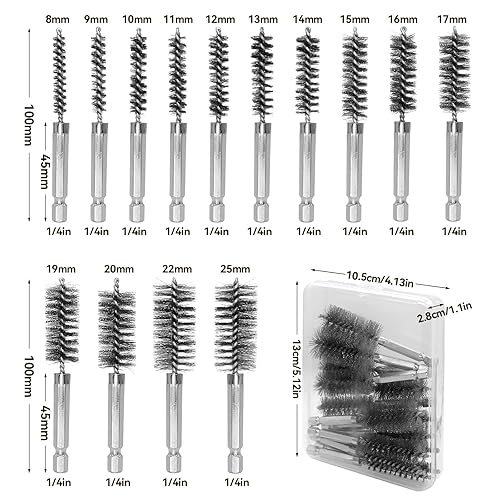 14 spazzole metalliche per trapano, spazzola per caldaia in acciaio inox con asta esagonale 1/4, spazzola cilindrica per lucidatura, levigatura, trapano a percussione, 8-25 mm - Honorern