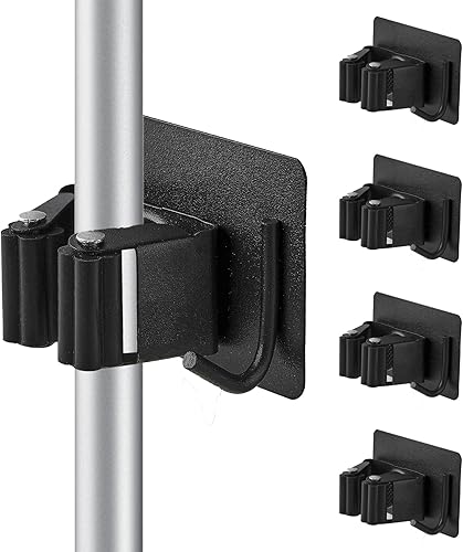 Portascope da Muro Adesivo Appendibile, 4 Pezzi Portascope da Muro in Acciaio Inossidabile Quadrato Senza Perforazione con Ganci per Cucina Bagno Ripostiglio Giardino Garage (Grigio Chiaro) - Honorern