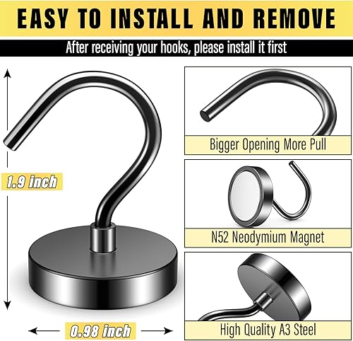 FINDMAG Confezione da 6 ganci magnetici neri al neodimio da 100 lbs, magnetici con gancio, ganci magnetici extra forti per campeggio, ganci magnetici con forti magneti per crociera e casa - Honorern