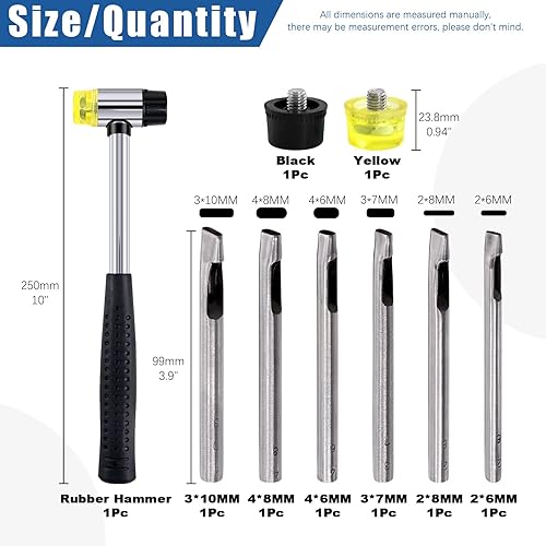 Set di 9 pezzi martello in gomma e perforatrice ovale, martello morbido a doppia faccia con teste di ricambio e 6 misure per fori cavi, kit per cinture in pelle, cinturini per orologi, - Honorern