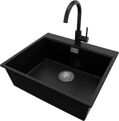 PRIMAGRAN Lavello da Cucina Nero 58x50cm, Lavandino da Cucina a 1 vasca + Sifone Classico + Scolapasta avvolgibile, Lavabo da Cucina Incasso al mobile 60cm - Oslo - Honorern