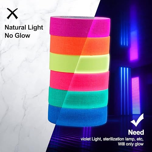 6 Rotoli Nastro Adesivo Fluorescente, Neon Tape Nastro in Tessuto Gaffer Fluorescente Nastro Carta Colorato, Blacklight Reattivo Glow in The Dark Tape per il Partito Art Craft Decorazioni (15mmx5M) - Honorern