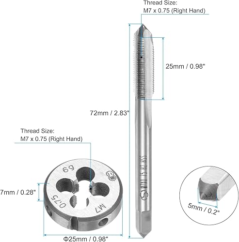 QUARKZMAN Set di 3pz Maschi e Filiera Metrici a Mano, M7 x 0.75 Maschi con Filettatura Conica/Tappo e Filiere Rotondo, Kit di Attrezzi Filettatura a Mano per Riparazione Filetti - Honorern