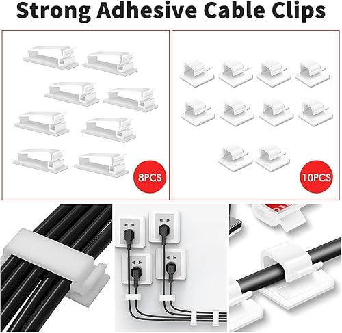 Kit gestione cavi, 146 pezzi per cavo management scrivania -100 fascette per cavi, 5 supporti in silicone, 2 manicotti, 28 clip adesive, 1 rotolo di cinghie organizzative - Honorern