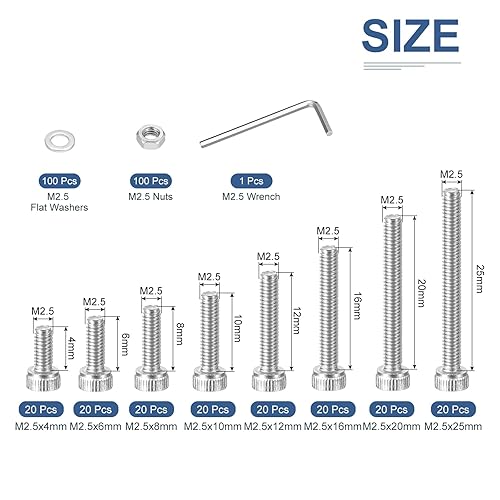 DTGN 360pz Assortimento Viti Metriche, M2.5 Kit Bulloni Dadi, Acciaio Inossidabile 304 M2.5x4/6/8/10/12/16/20/25mm Set Bulloni per Viti Testa Esagonale con Rondella Chiave Inglese - Honorern