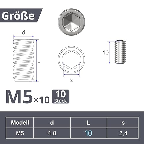 10 viti senza testa, viti filettate M5 x 10 mm, DIN 913/ISO 4026 con esagono incassato (ISK) e tappo conico, vite senza testa in acciaio inox (argento) - Honorern