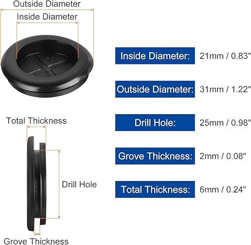 20pz Passacavi Gomma 1' (25mm) per Foro Perforazione, 3/4' (21mm) ID Tappi Foro a Un Lato Anello Guarnizione per Protezione Cavi Firewall, Nero - Honorern