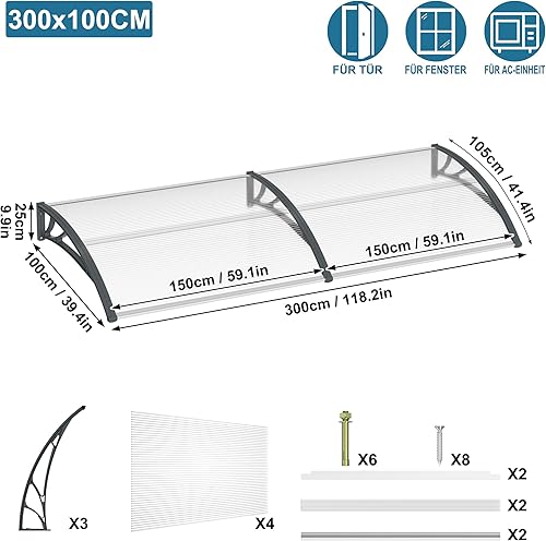 300 x 100 cm, tettoia per porta di casa, tettoia per porta di casa, in policarbonato trasparente e alluminio, protezione dalle intemperie, per tettoia per porte e ingresso, grigio - Honorern
