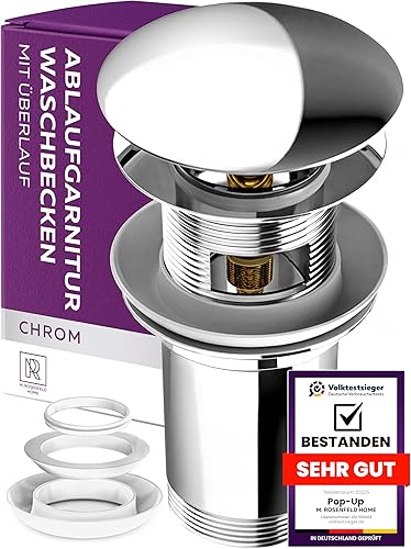 ROSENFELD HOME - Scarico lavabo con troppopieno per lavabo - valvola pop up lavabo - cromato scarico lavabo con 4 guarnizioni di ricambio in ottone M. ROSENFELD HOME - Honorern