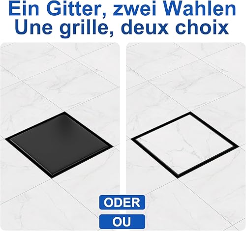Scarico per doccia quadrato, 20 x 20 cm, in acciaio inox, piastrellabile, sifone con filtro per capelli e tappo antiodore, girevole a 360° per docce a pavimento - Honorern
