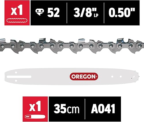 Oregon Catena e Barra per Motosega, Catena 3/8' LP 1.3 mm da 52 Maglie di Trasmissione e Barra A041 da 35 cm, Compatibili con Husqvarna, Ryobi, Bosch, Echo, Efco, Dolmar ed altre - Honorern
