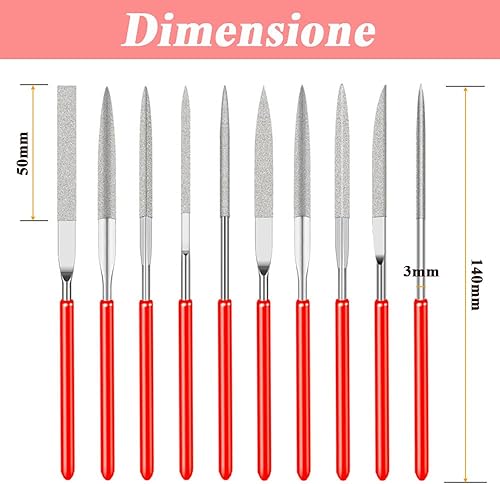 Mesee 10 Lime Diamantate a Ago Polivalenti, Set di Lima Fine Diamantata di Precisione con Impugnatura in Plastica Rossa 3 x 140 mm Lima Piatta Diamantata per Finitura Levigatura Sfalsatura - Honorern