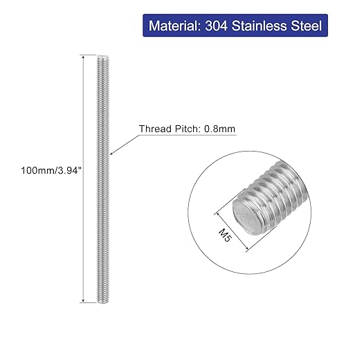 5pz Asta Filettata Intera, M5 x 100mm Acciaio Inossidabile 304 Borchie Barra Filettatura Destra M5-0.8 Filo di Pece per Assemblaggio Mobili Macchinari - Honorern