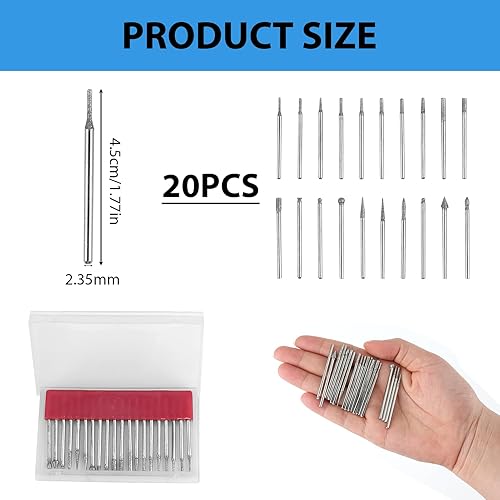 20 Set Frese Diamantate, Punte Diamantate per Utensili Rotanti, Con Gambo da 2.35 mm, per Intagliare Lucidare e Rettificare su Pietra Ceramica Vetro e Altro Inclusa Custodia per la Conservazione - Honorern