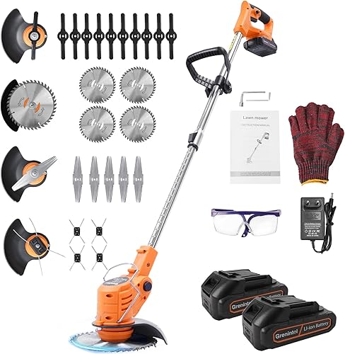 Tagliaerba a Batteria, Decespugliatore Elettrico Brushless, Decespugliatore Multifunzione con 2 Batterie, 4 Tipi Lame,Testata Regolabile e Maniglia Telescopica Tagliaerba per Giardino - Honorern