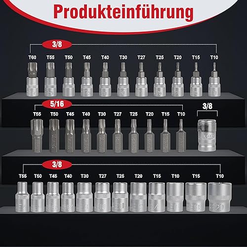 34 Pezzi Set di Bussola Torx Maschio Femmina: E4-E20 T10-T60 Con Bit Set T10-T55 e Adattatore da 3/8' - Honorern