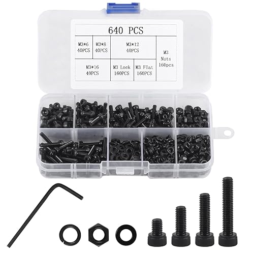 Set di 641 viti M3, dadi filettati e rondelle, viti a testa cilindrica con viti a esagono incassato, set di viti per macchine, colore nero, con chiave inglese - Honorern