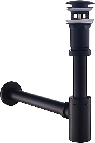 Set – Sifone con scarico con troppopieno per lavabo nero opaco – Keymark universale per tazza e valvola di scarico bagno – ottone sifone pop up rubinetto scarico lavabo - Honorern