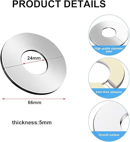 Rosetta per Rubinetto Copri Tubo, Rubinetto Rosetta Acciaio Inox 4 pezzi Ø 24mm, Autoadesiva Foro Valvola Copertura, Anti-Ruggine e Durevole, Protezione per Tubi e Rubinetto - Honorern