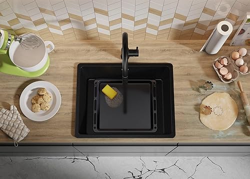 Lavello da Cucina Tutto Nero 56x44cm, Lavandino da Cucina a 1 vasca + Sifone Classico, Lavabo da Cucina Incasso al mobile 60cm - Venezia Slim Easy di Primagran - Honorern