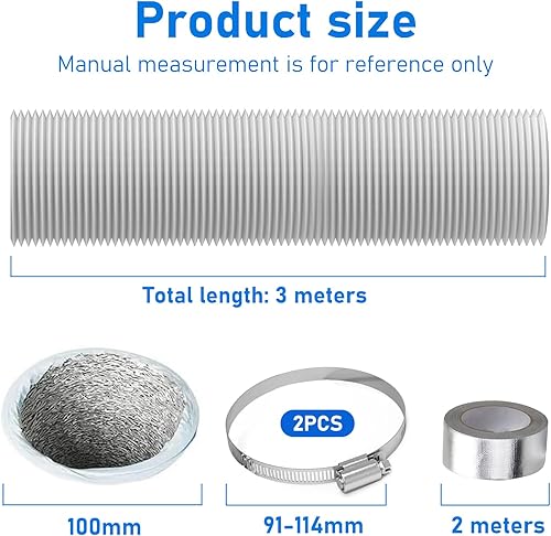 Tubo Flessibile 100mm x 5m Condotti Tubo di Ventilazione Flessibile in Alluminio PVC Condotti Tubo di Ventilazione Con Morsetti in Acciaio per Asciugatrice Cappa Aspirante (100mm x 5m) - Honorern