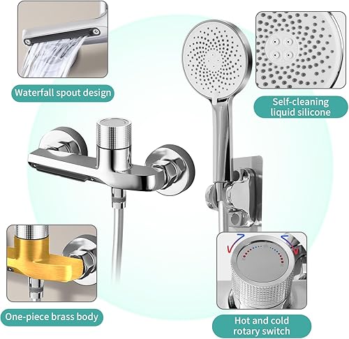 Dnkelar Rubinetto per vasca da bagno, rubinetto per vasca da bagno, rubinetto per vasca da bagno, rubinetto con doccetta manuale, tubo e supporto da parete (argento) - Honorern