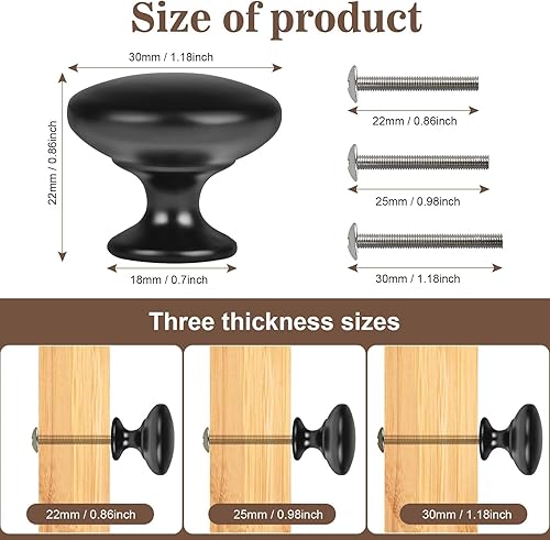 4x Pomello rotondo nero per mobile, maniglia per cassetto della cucina, nero opaco, 30 mm - Honorern