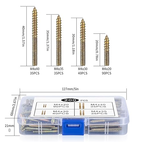 200 Pezzi M4 Vite a Doppio Filetto, Viti a Doppia Estremità, Vite a Doppia Testa, Barre Filettate a Doppia Estremità, Viti Autofilettanti, Viti a Doppia Filettatura per Fissaggio di Mobili Legno - Honorern