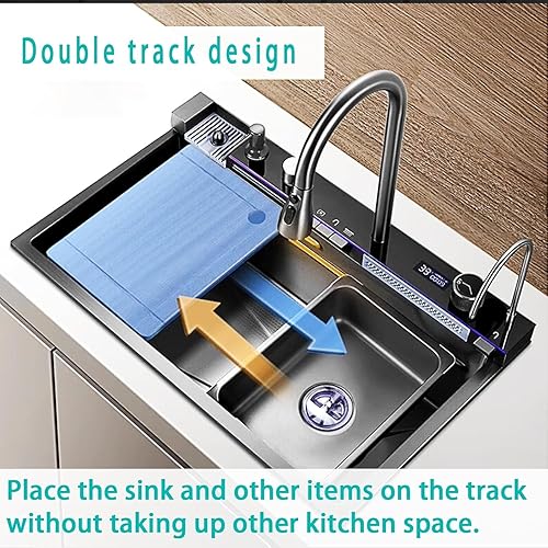 Lavello da Cucina A Una Vasca Acciaio Inox Lavello A Cascata Multifunzione Lavello della Postazione di Lavoro della Cucina con Tutto in uno Rubinetto Estraibile (80 * 46 * 22CM, Grigio scuro) - Honorern