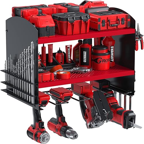 Power Tool Organizer per trapano, stazione di ricarica per 4 utensili per trapano elettrico, resistente, da parete, per garage, casa, officina (rosso) - Honorern