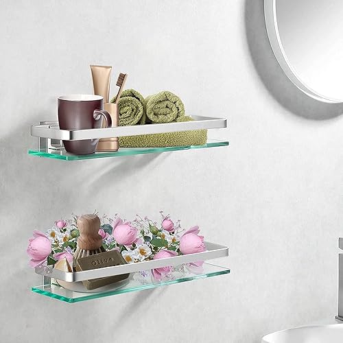 Mensola Bagno Mensole da Muro Vetro Mensola Doccia Vetro Temperato Rettangolare Alluminio Argento 2 Pacchi S500430 - Honorern