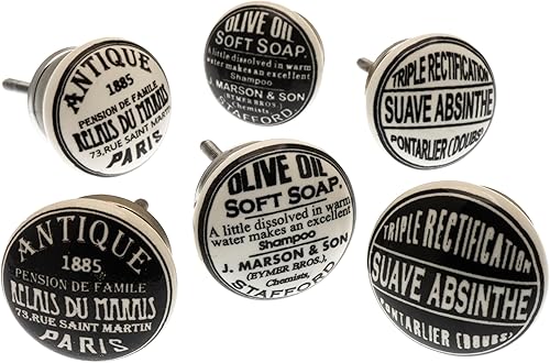 Mango Tree - Set misto di pomelli in ceramica in stile vintage bianco e nero per credenza, confezione da 6 (MG-315) - Honorern