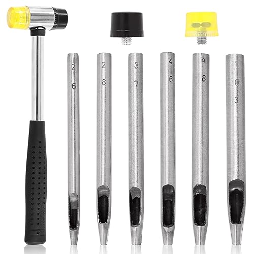 Rustark Set di 9 punzoni ovali in 6 dimensioni per pelle da 2 a 4 mm, con martello in plastica e gomma a doppia faccia, strumento per tagliare i fori della cintura in pelle, kit di strumenti per fai - Honorern